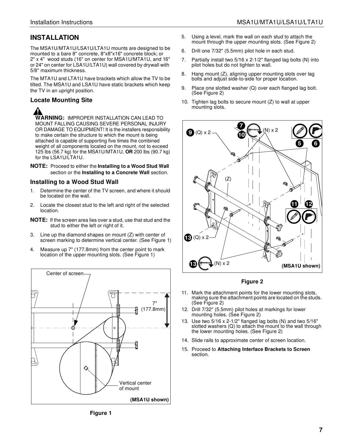Chief flat panel mount wood stud wall installation diagram showing mount alignment and lag bolt placement