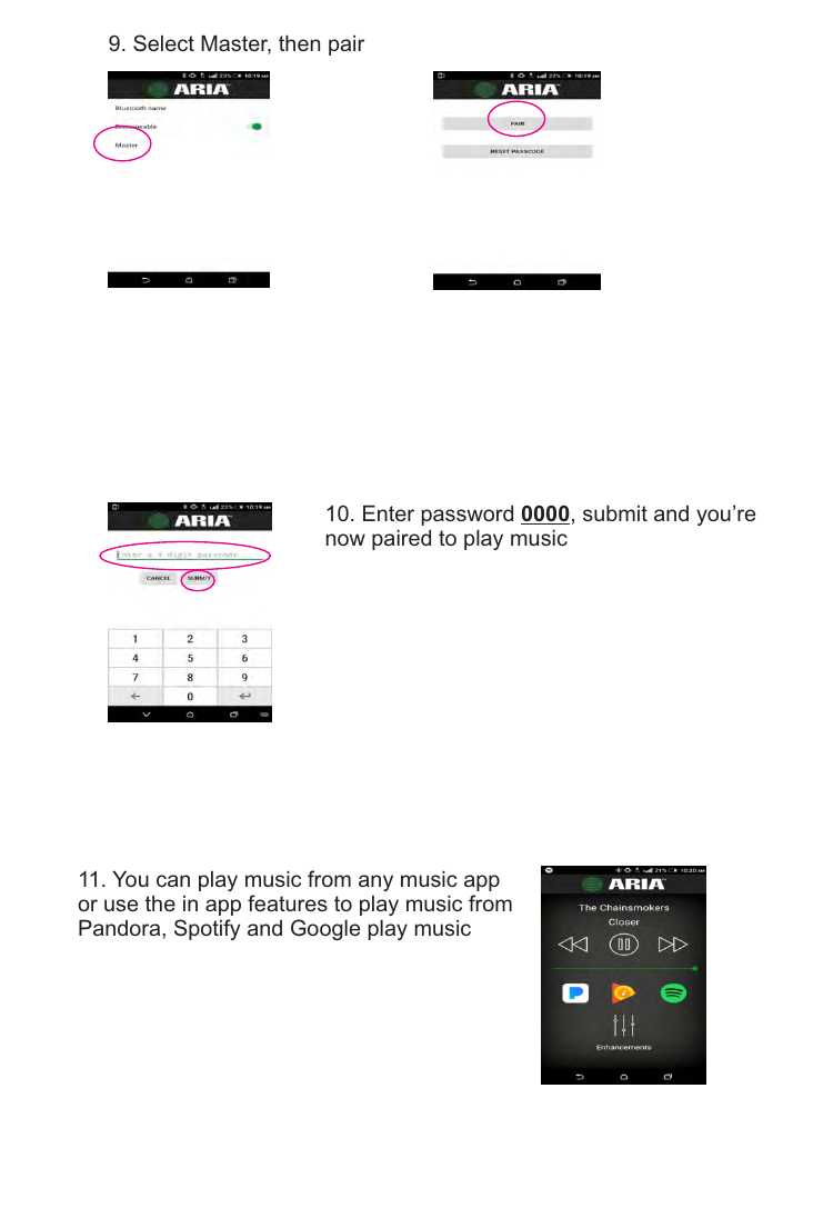 ARIA Audio app pairing steps 9-11