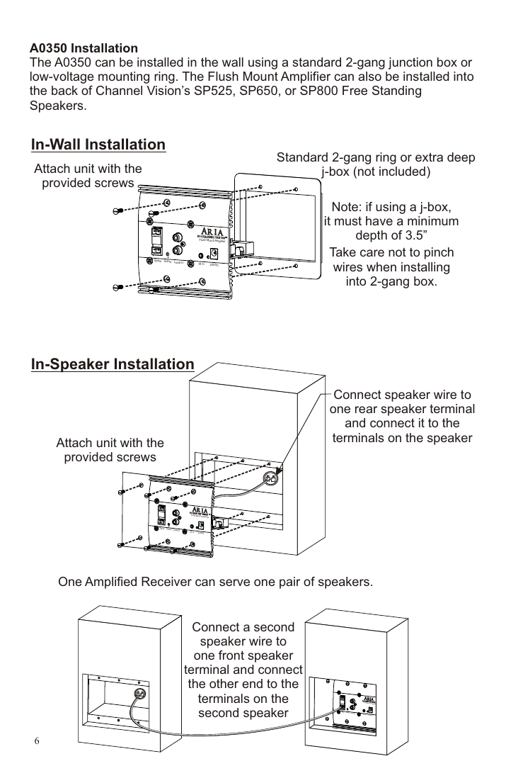 Channel Vision A0350 in-wall and in-speaker installation diagram