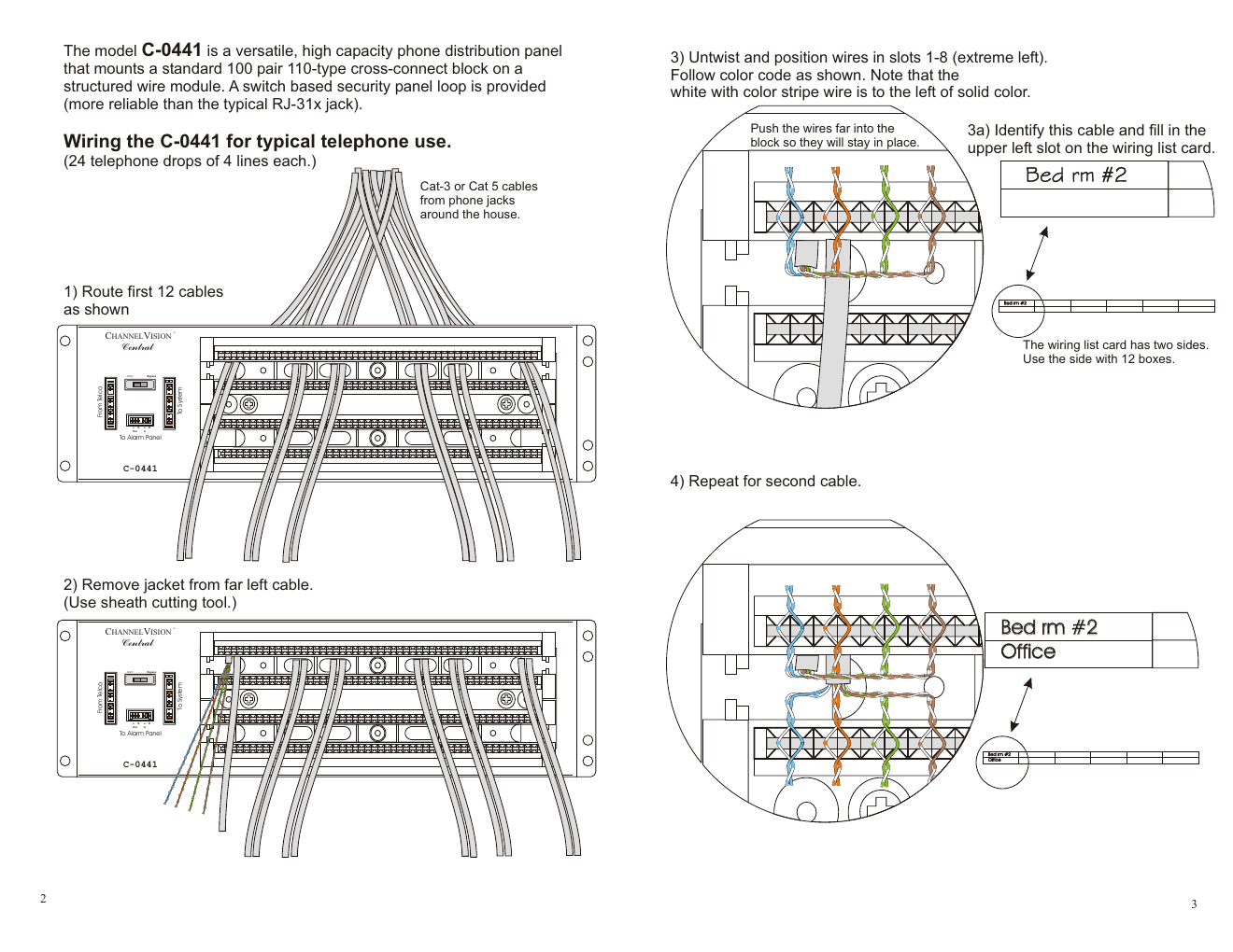 Channel Vision C-0441 wiring diagram — routing and terminating cables into the 110 block, steps 1-5