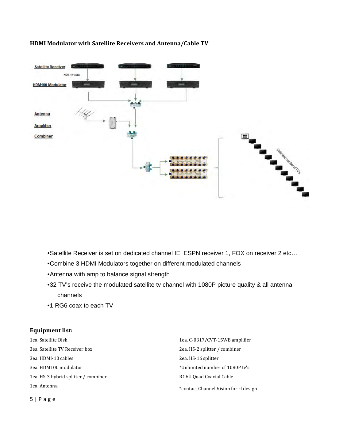 Diagram: three HDM100 modulators combining satellite receivers with antenna feed for whole-home coax distribution