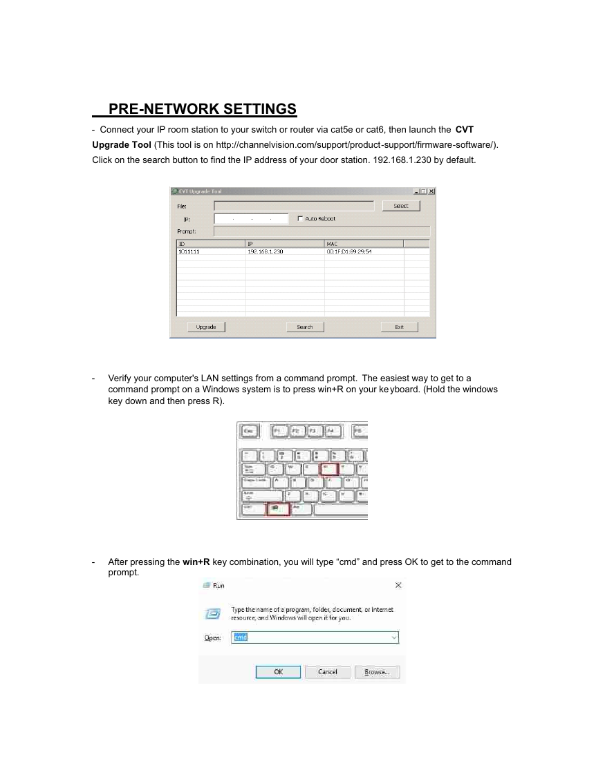 Channel Vision ST-3048W CVT Upgrade Tool and Windows Run dialog screenshots for finding device IP address