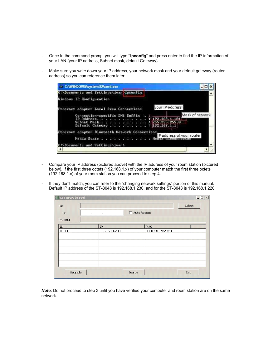 Channel Vision ST-3048W ipconfig command prompt output showing IP address, subnet mask, and gateway