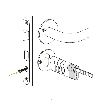 Door hardware components: mortise lock faceplate, door handle, and euro cylinder with mounting screw