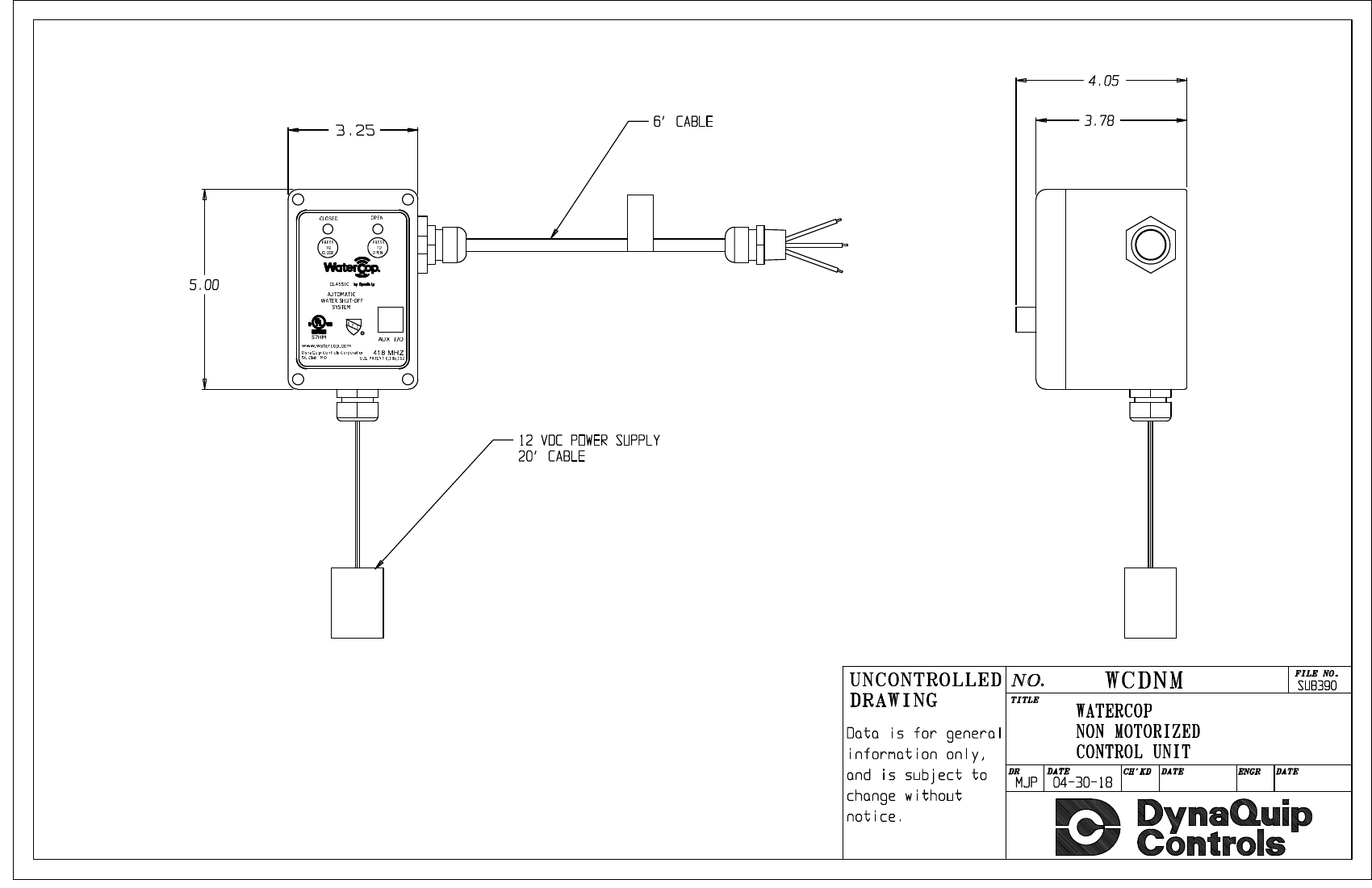 WaterCop WCDNM control unit dimension drawing, front and side views