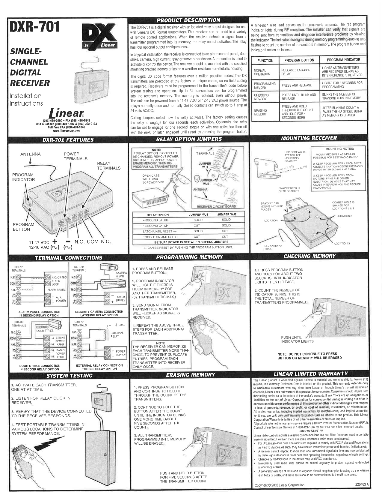 Linear DXR-701 receiver diagram: terminal layout, relay jumpers, and wiring diagrams