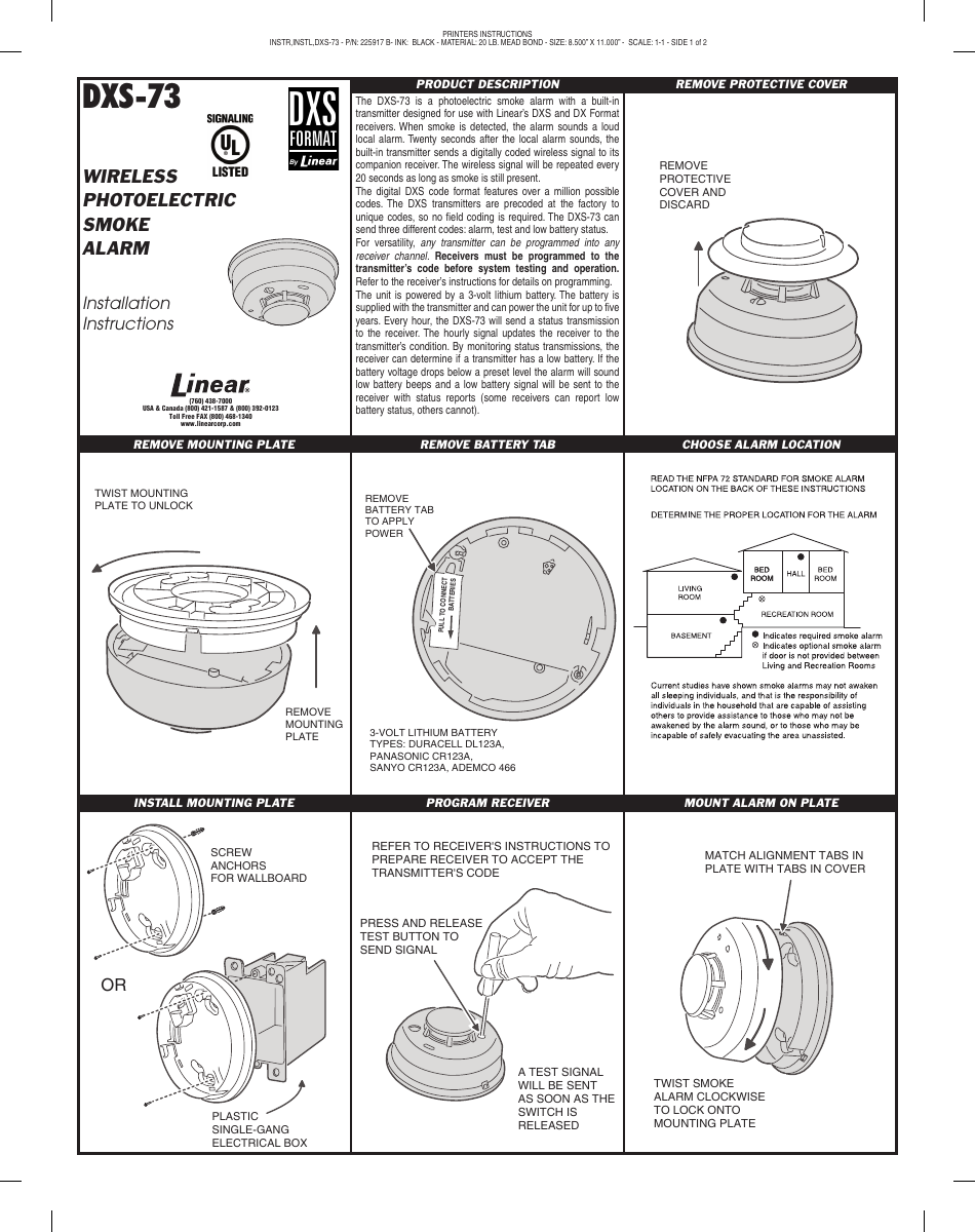 DXS-73 smoke alarm installation steps: remove cover, mounting plate, battery tab, choose location, install plate, program receiver, mount alarm