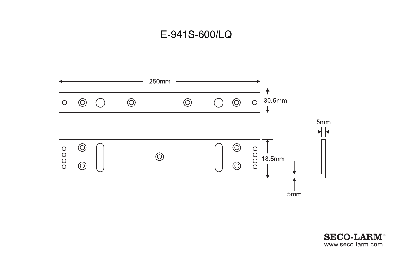 SECO-LARM E-941S-600/LQ L-Bracket dimensional drawing showing top and side views with mounting hole placements