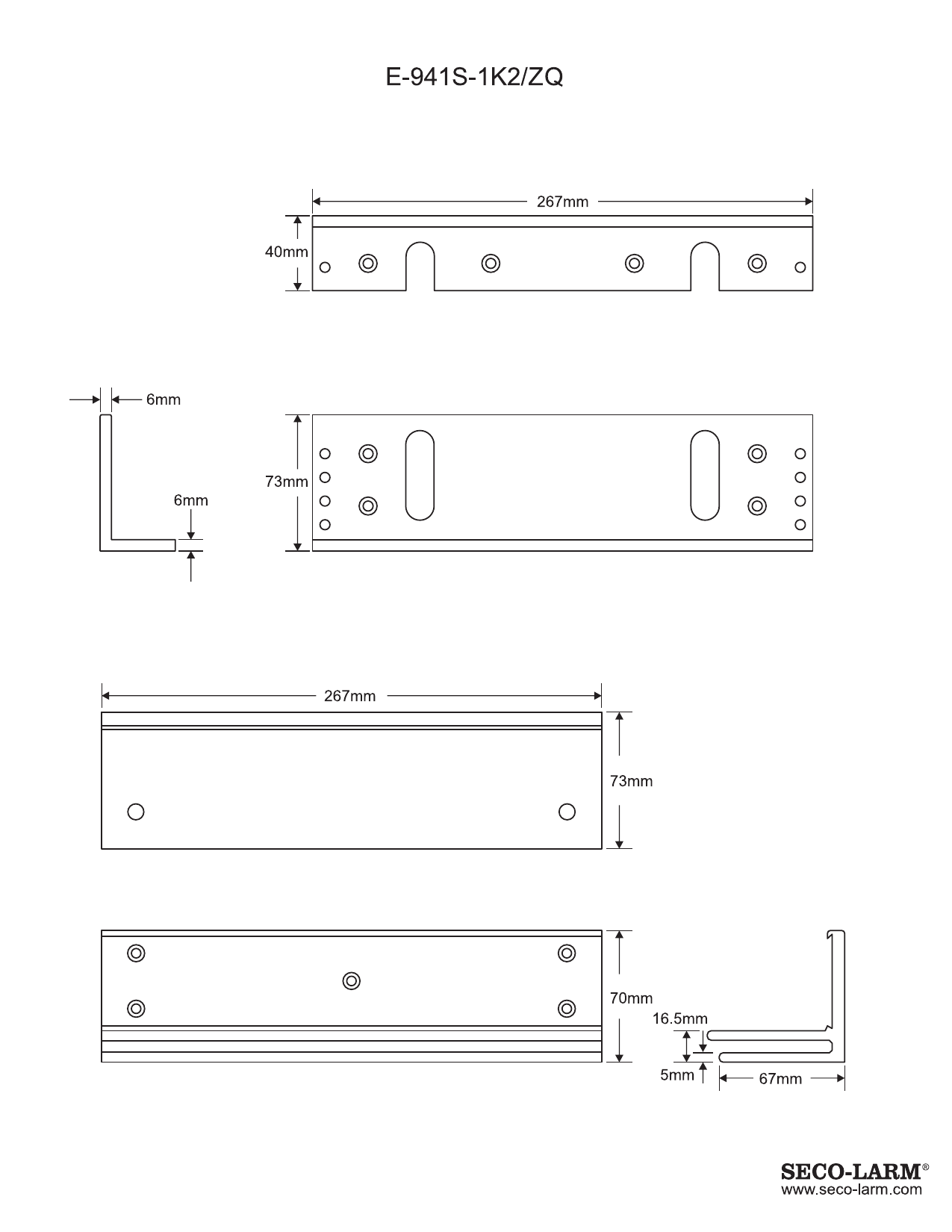 SECO-LARM E-941S-1K2/ZQ Z-Bracket mechanical diagram showing top, front, side, and bottom views with mounting hole dimensions