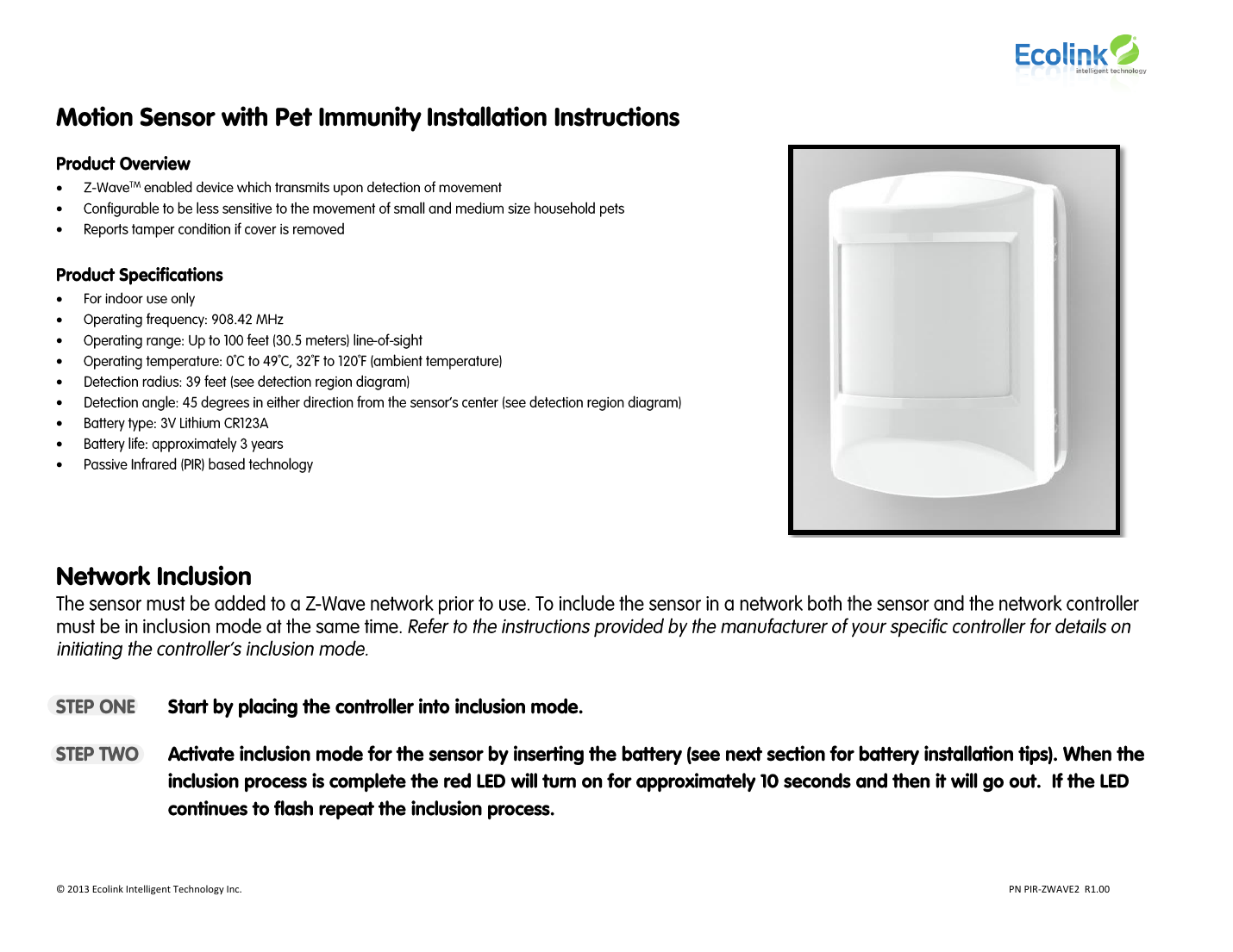 Ecolink PIR-ZWAVE2 motion sensor cover page with specifications table and Network Inclusion steps 1-2