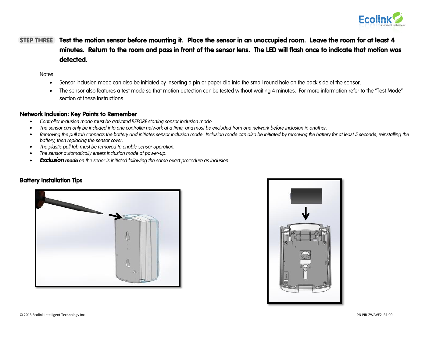 Ecolink PIR-ZWAVE2 battery installation diagram showing pull-tab removal and battery insertion orientation
