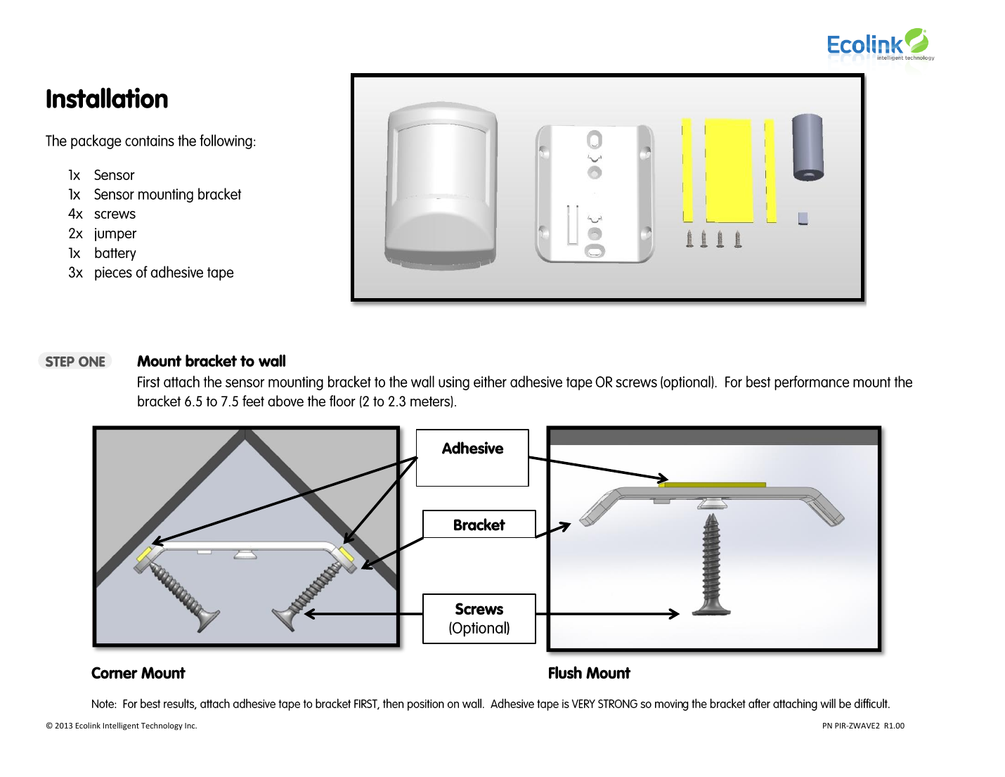Ecolink PIR-ZWAVE2 package contents and mounting diagram comparing Corner Mount vs Flush Mount