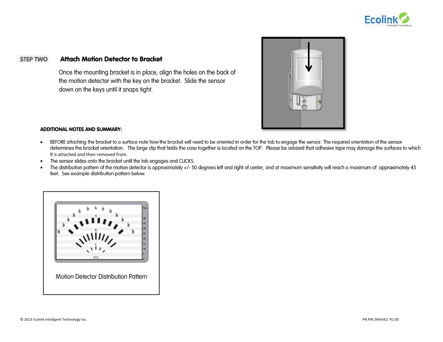 Ecolink PIR-ZWAVE2 bracket attachment step and motion detection coverage pattern diagram