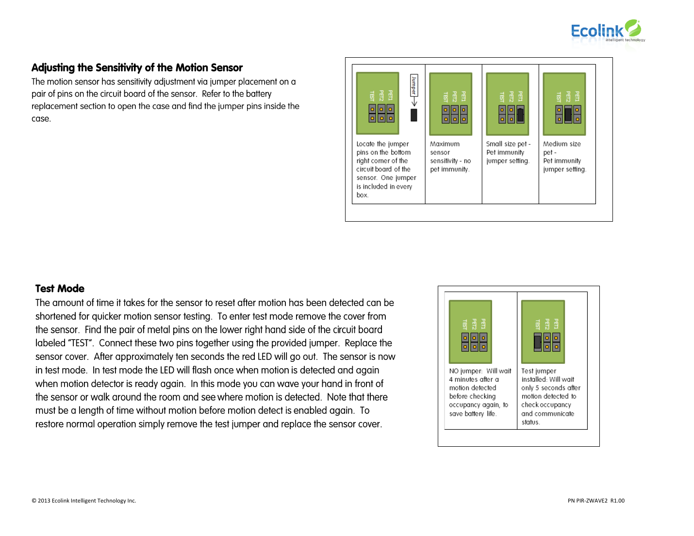 Ecolink PIR-ZWAVE2 internal jumper diagrams for sensitivity/pet immunity settings and Test Mode