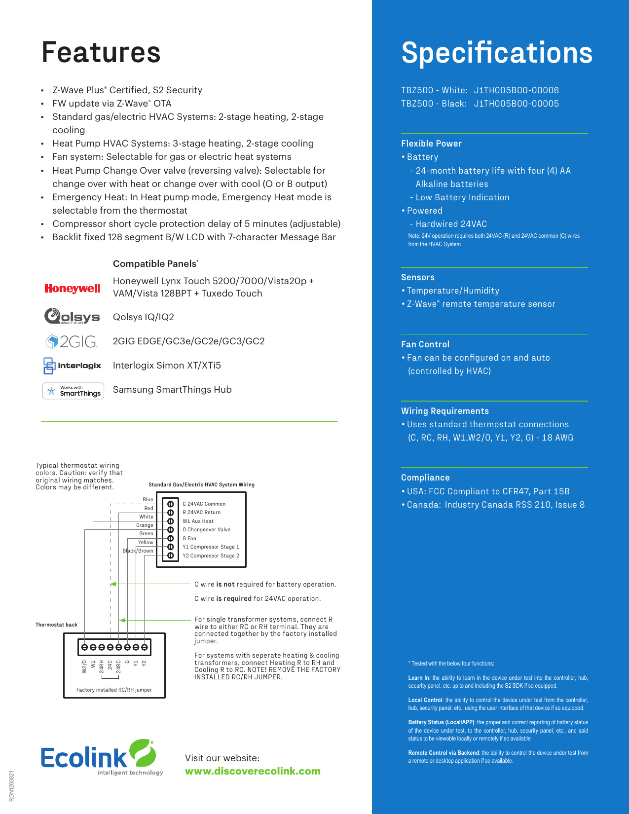 TBZ500 standard gas/electric HVAC system wiring diagram with color-coded terminals