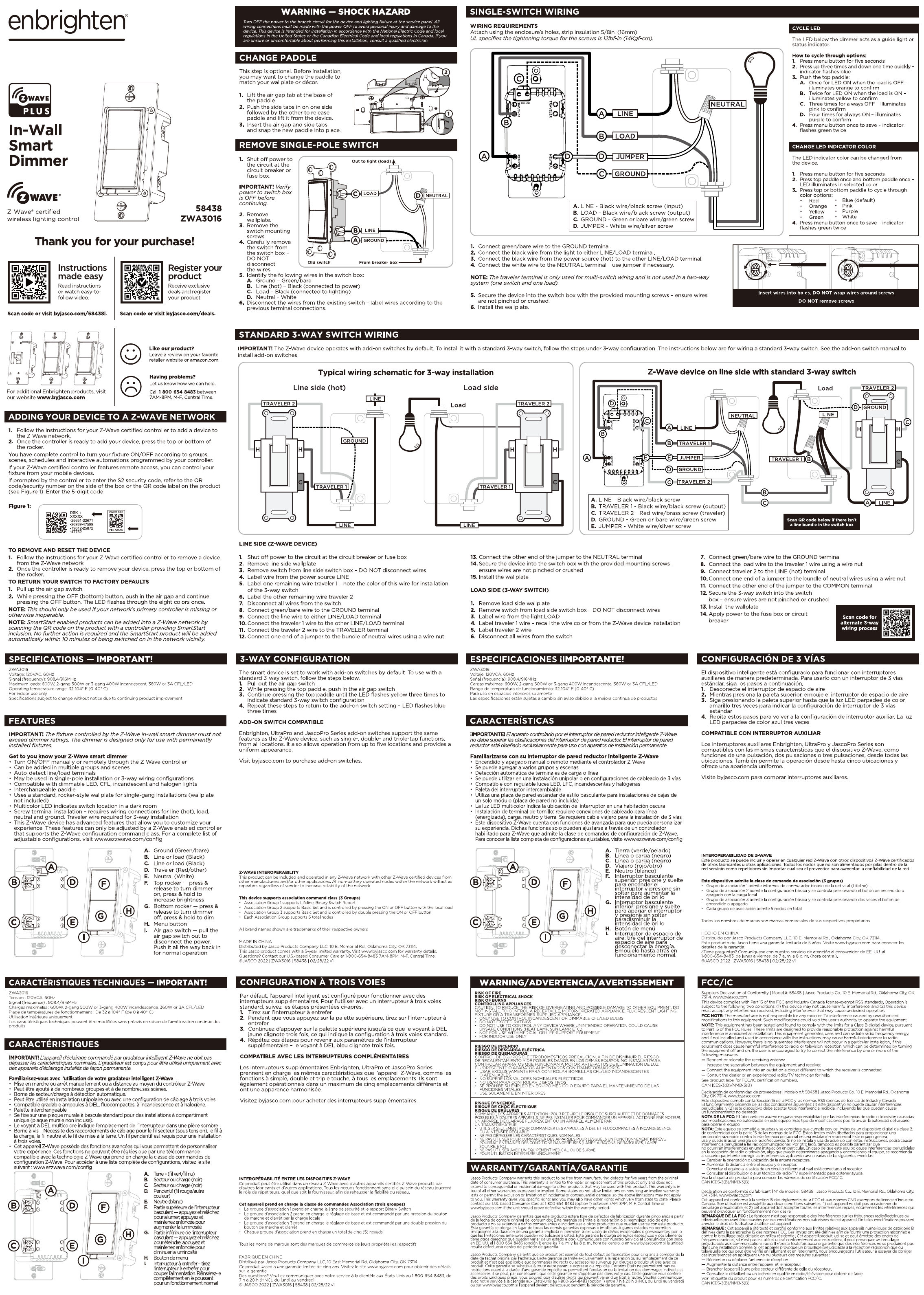 Enbrighten In-Wall Smart Dimmer 58438 quick start guide — wiring diagrams for single-pole and 3-way installation, LED color settings, and Z-Wave setup