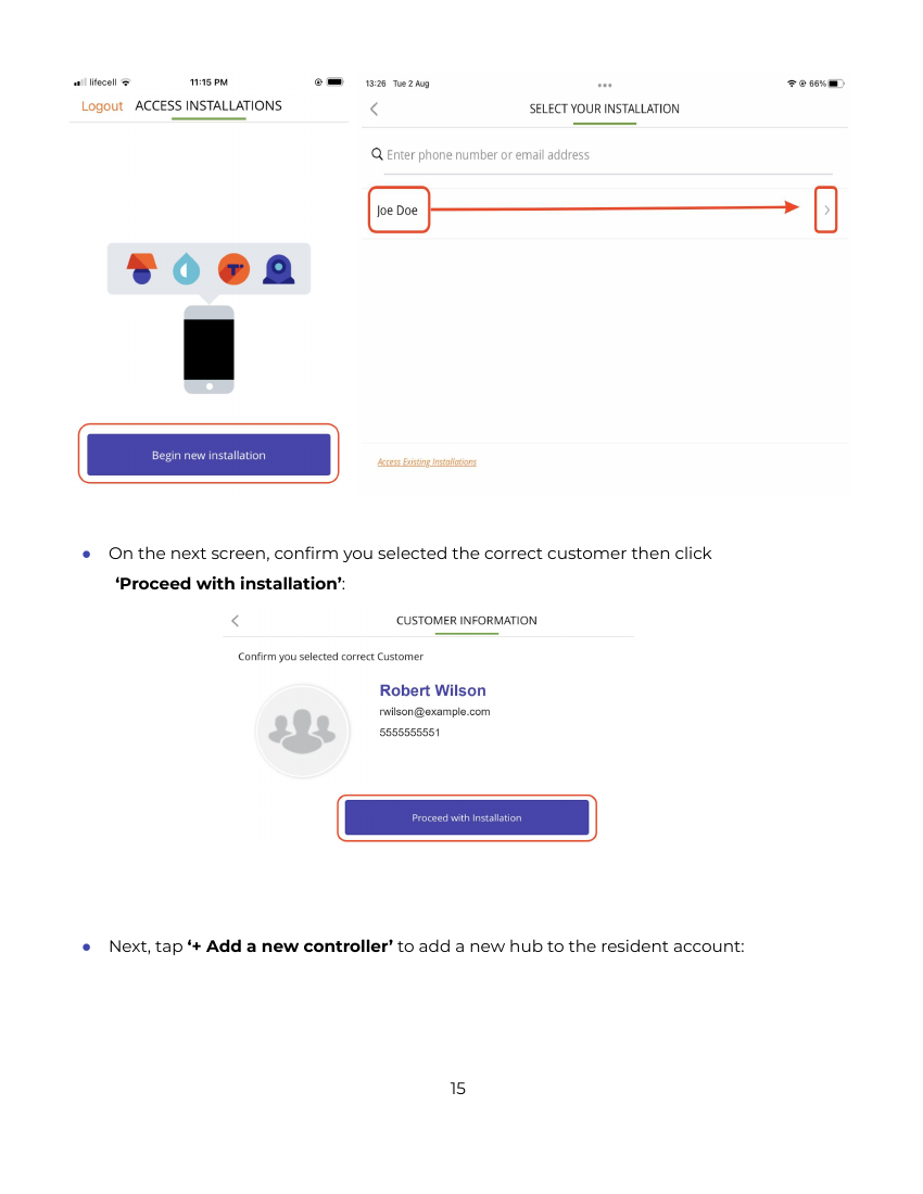 Ezlo Installer app screens: Begin New Installation home screen and Select Your Installation customer search
