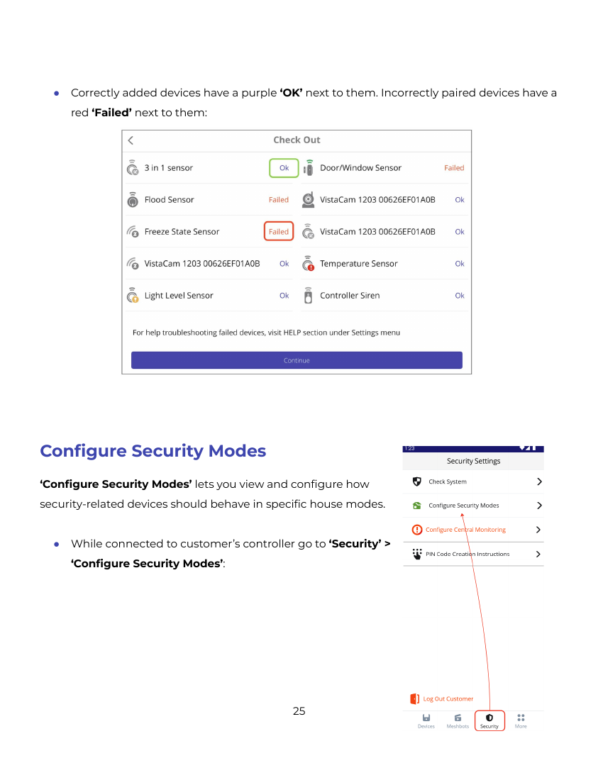 Ezlo Installer app Check System screen showing OK and Failed device status, and Security Settings menu
