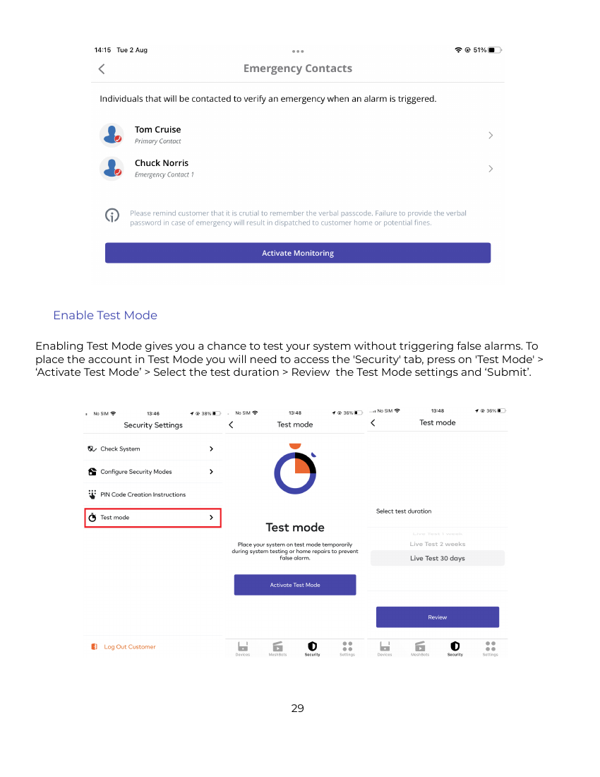 Ezlo Installer app Emergency Contacts and Activate Monitoring screen, plus Test Mode activation flow