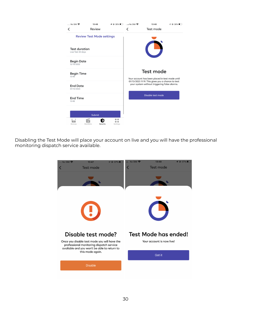 Ezlo Installer app Test Mode review/submit screen and Disable Test Mode confirmation