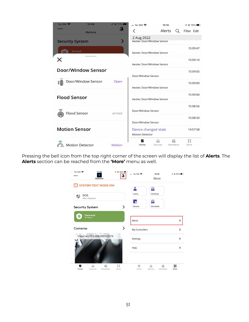 Ezlo mobile app Alerts feature showing sensor status list and Alerts log with timestamped events