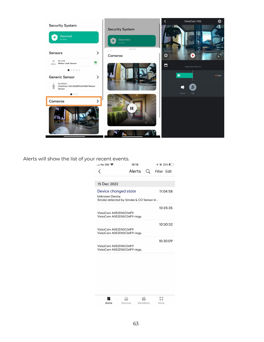 Ezlo Security Panel PIN entry screen for cancelling an arming countdown, and mobile app arm/disarm mode selection