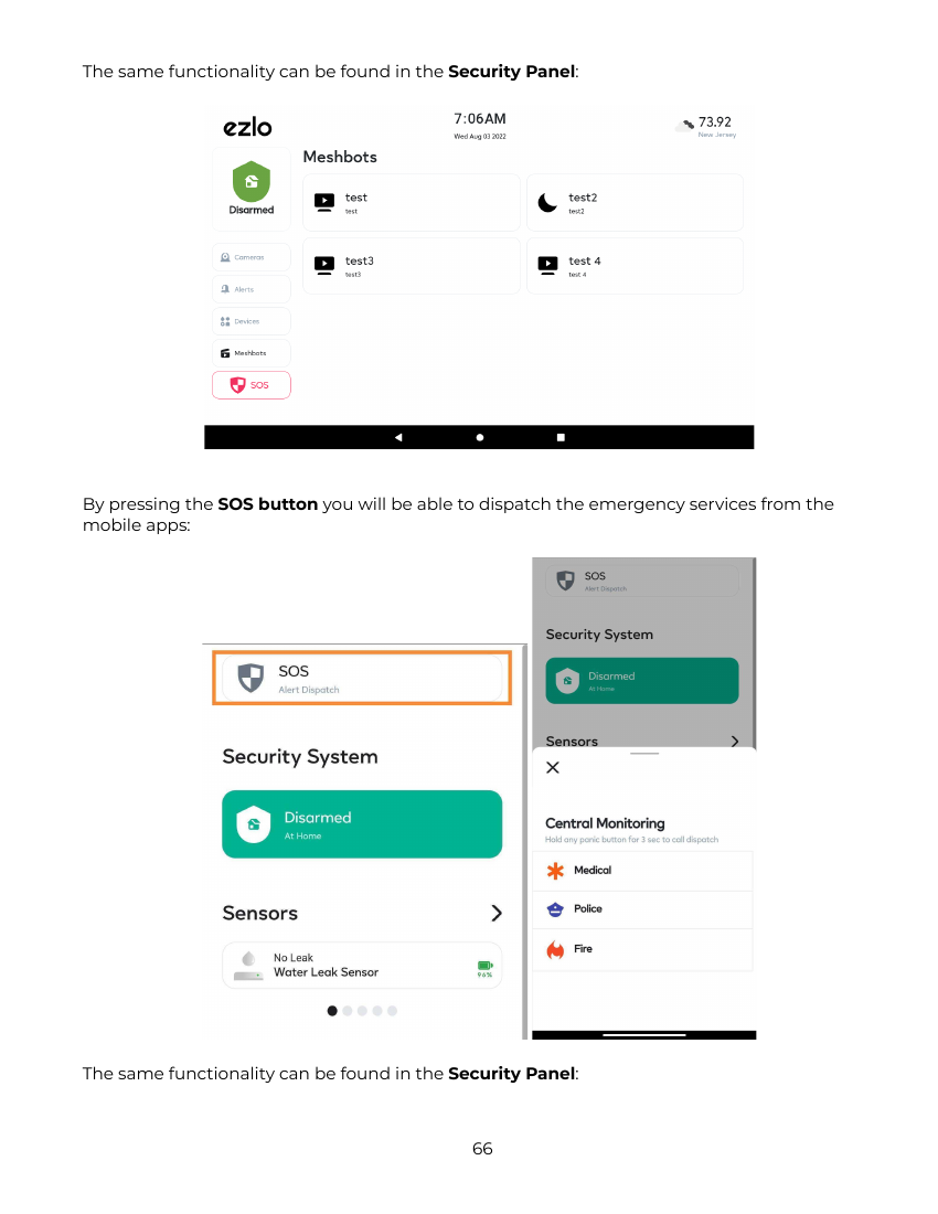Ezlo app cameras thumbnail grid and live view, plus Alerts log with smoke detection and doorbell events