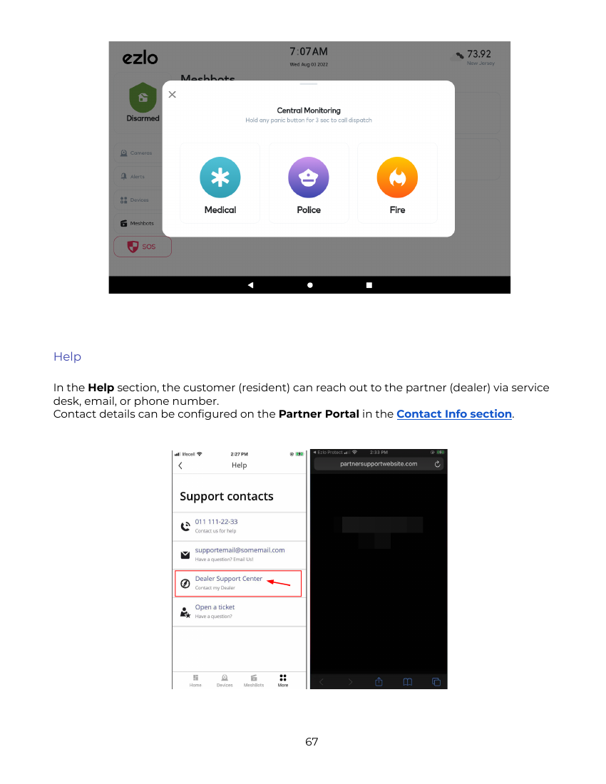 Ezlo Security Panel MeshBots overview and mobile app SOS button with Medical/Police/Fire dispatch options