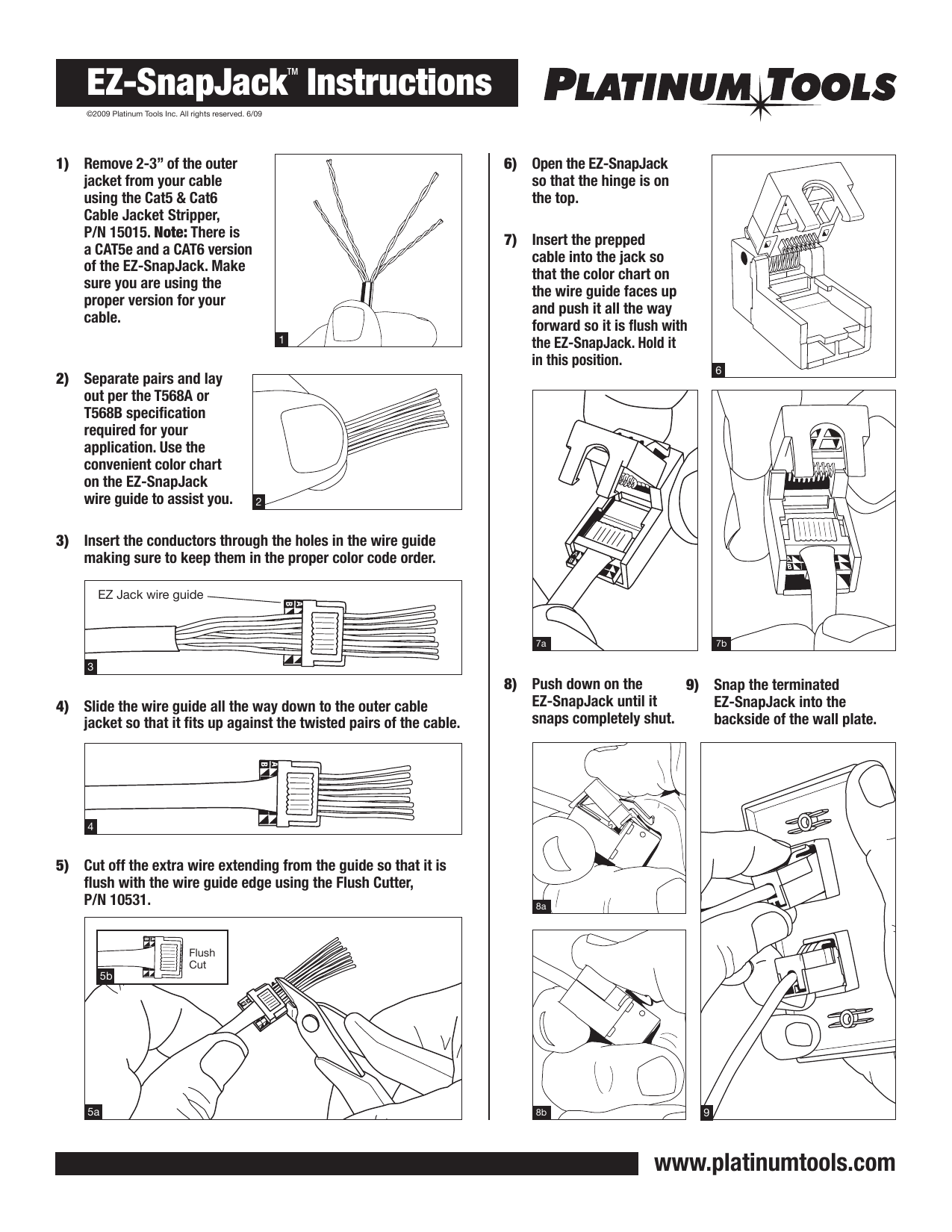 Platinum Tools EZ-SnapJack 9-step illustrated installation instructions showing cable stripping, wire guide insertion, flush cutting, and snapping the jack into a wall plate