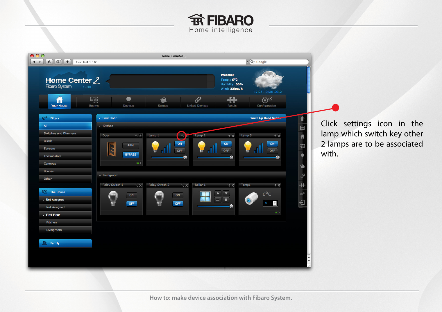 Home Center dashboard with settings icon highlighted on Lamp 1