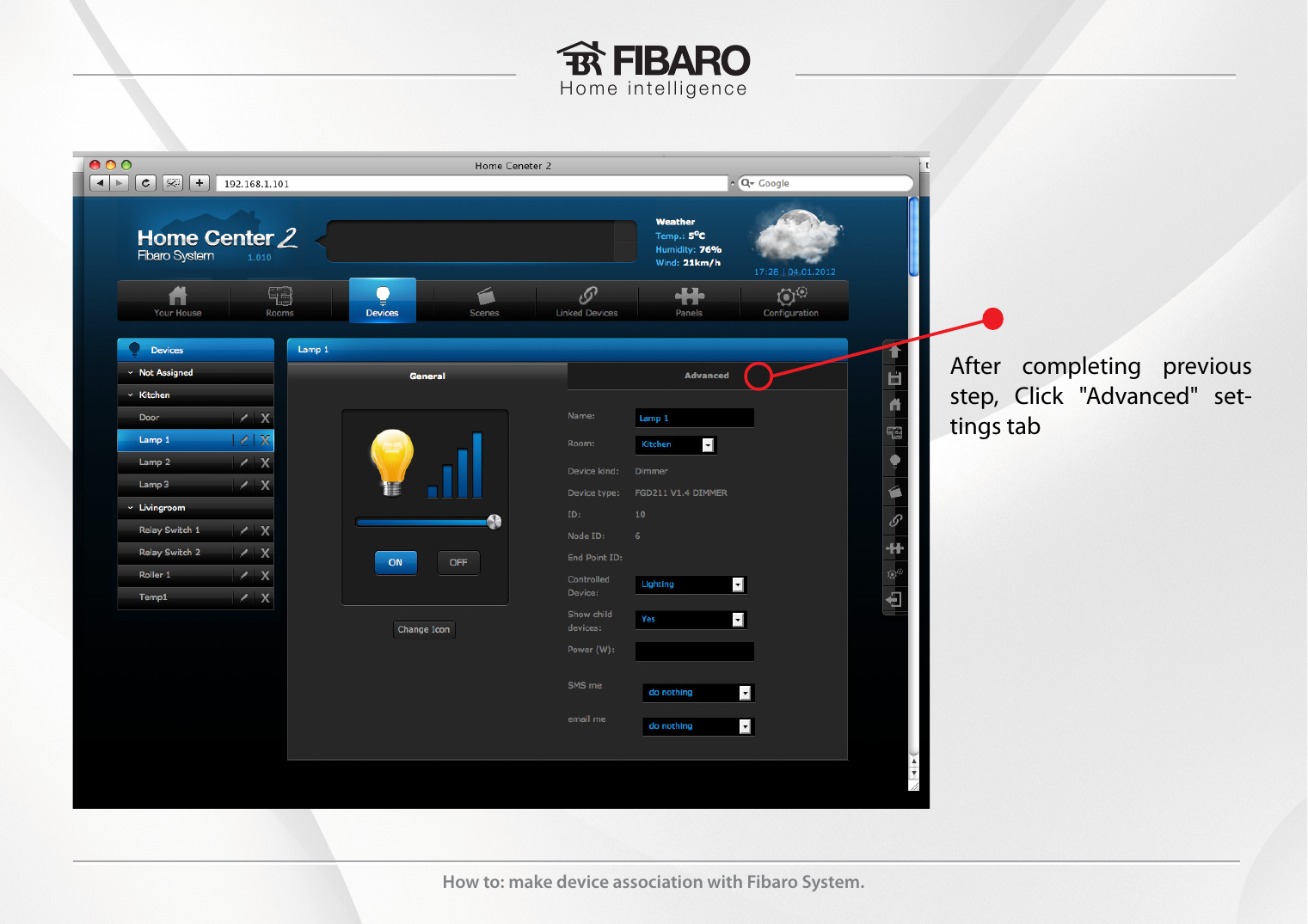 Device settings page with Advanced tab highlighted