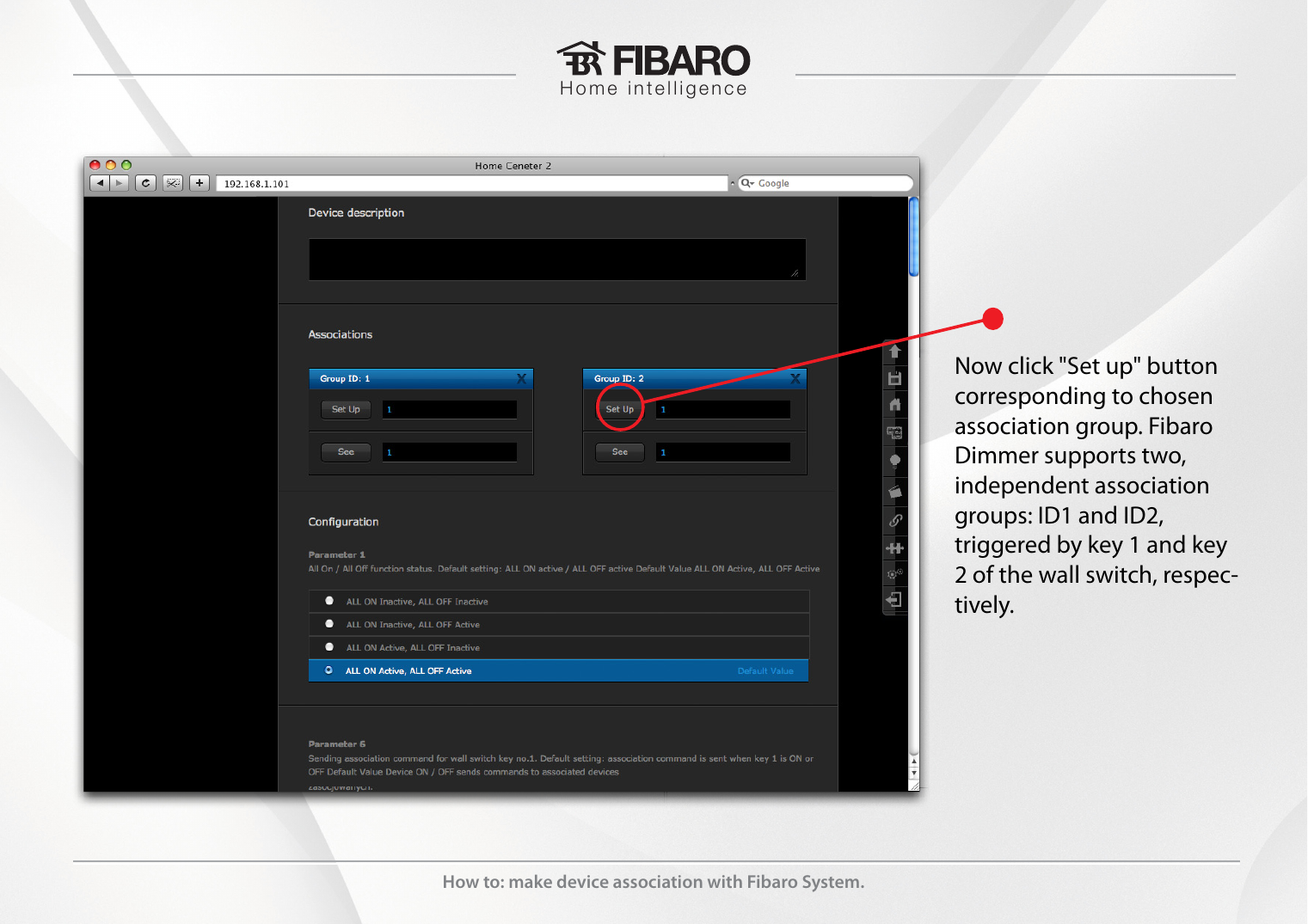 Advanced tab showing association Group ID 1 and Group ID 2 with Set Up buttons