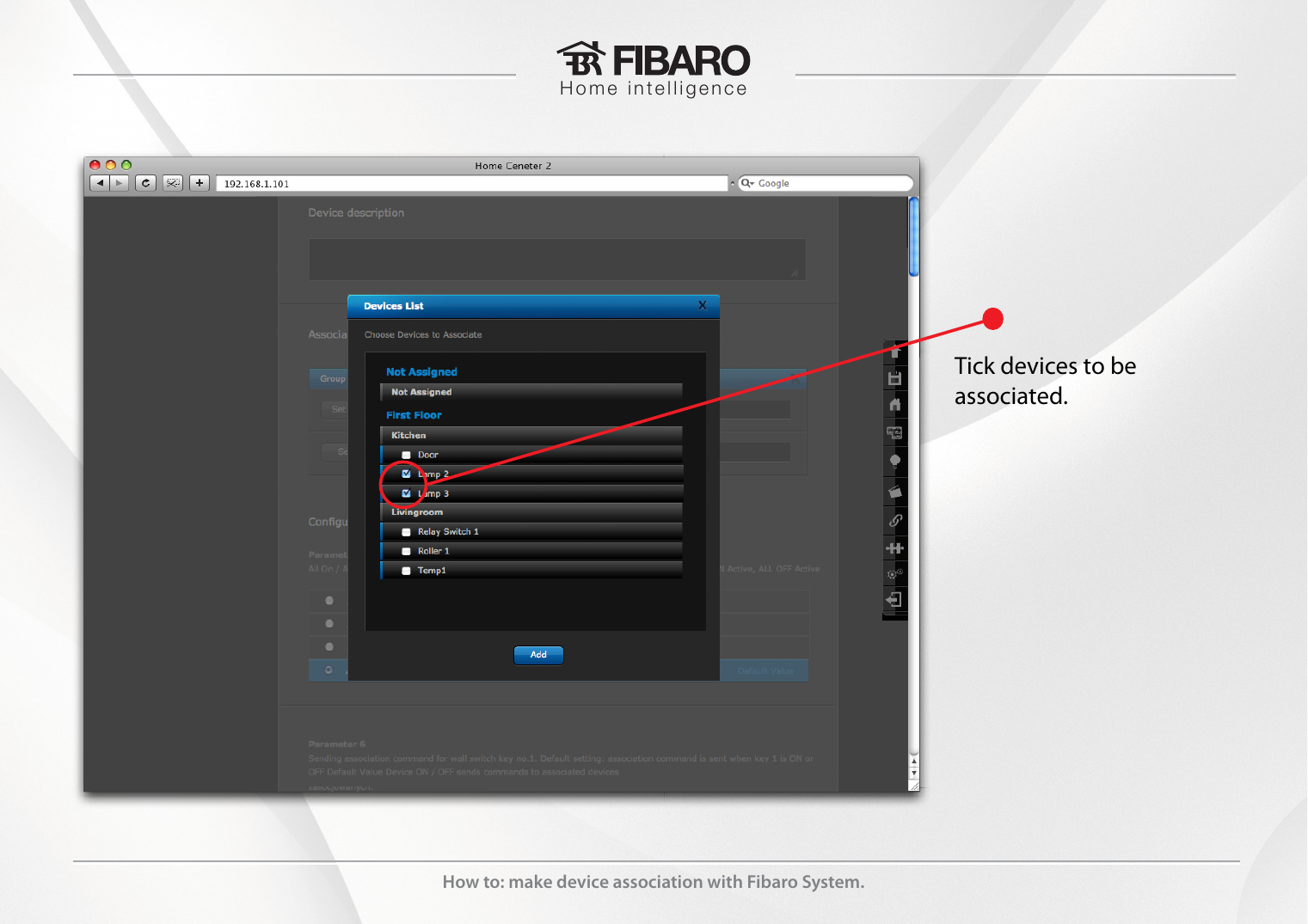 Devices list popup with checkboxes to select devices for association