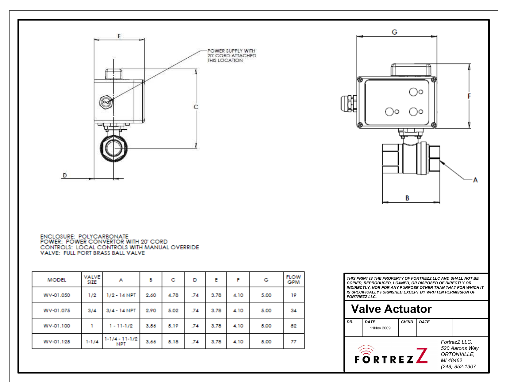 FortrezZ WV-01 Valve Actuator engineering drawing showing front, top, and valve body views with dimensions