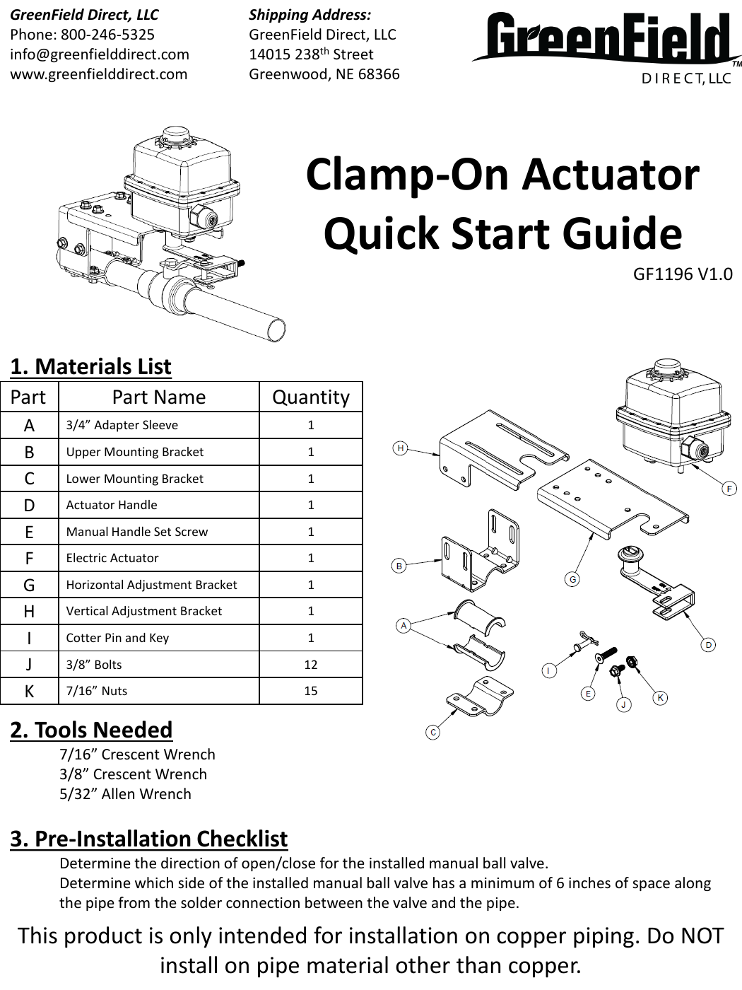 GreenField Direct Clamp-On Actuator exploded parts diagram showing hero product illustration and labeled components A through K