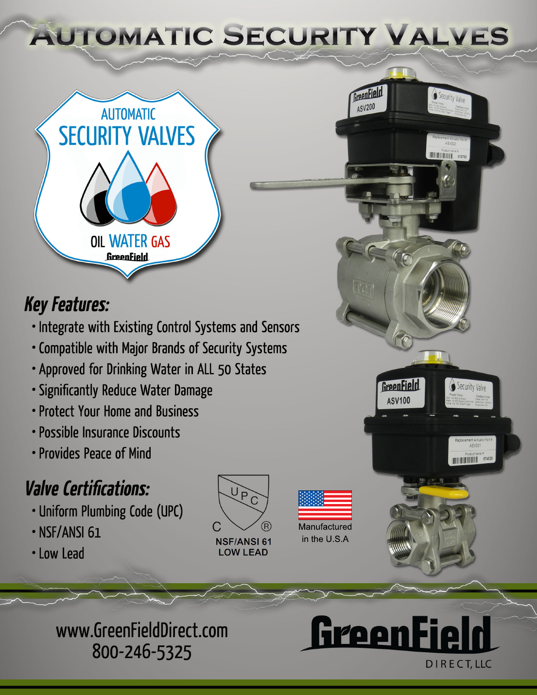 GreenField Automatic Security Valve ASV200 and ASV100 product photos with labeling