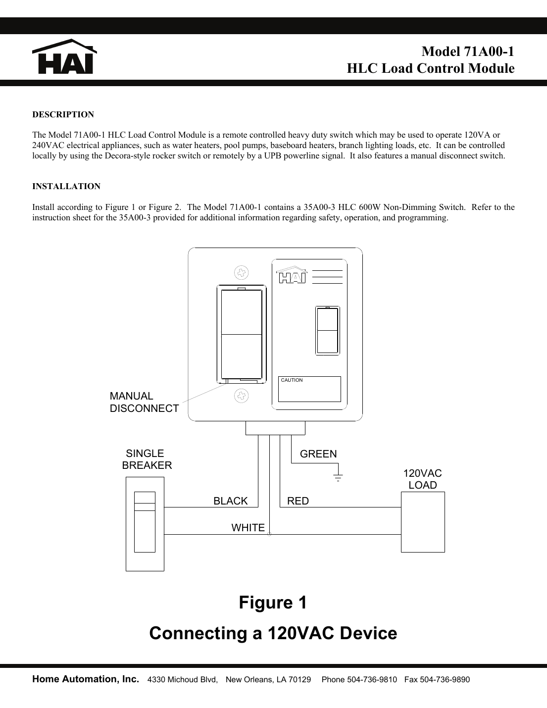 HAI 71A00-1 wiring diagram for connecting a 120VAC device with single breaker