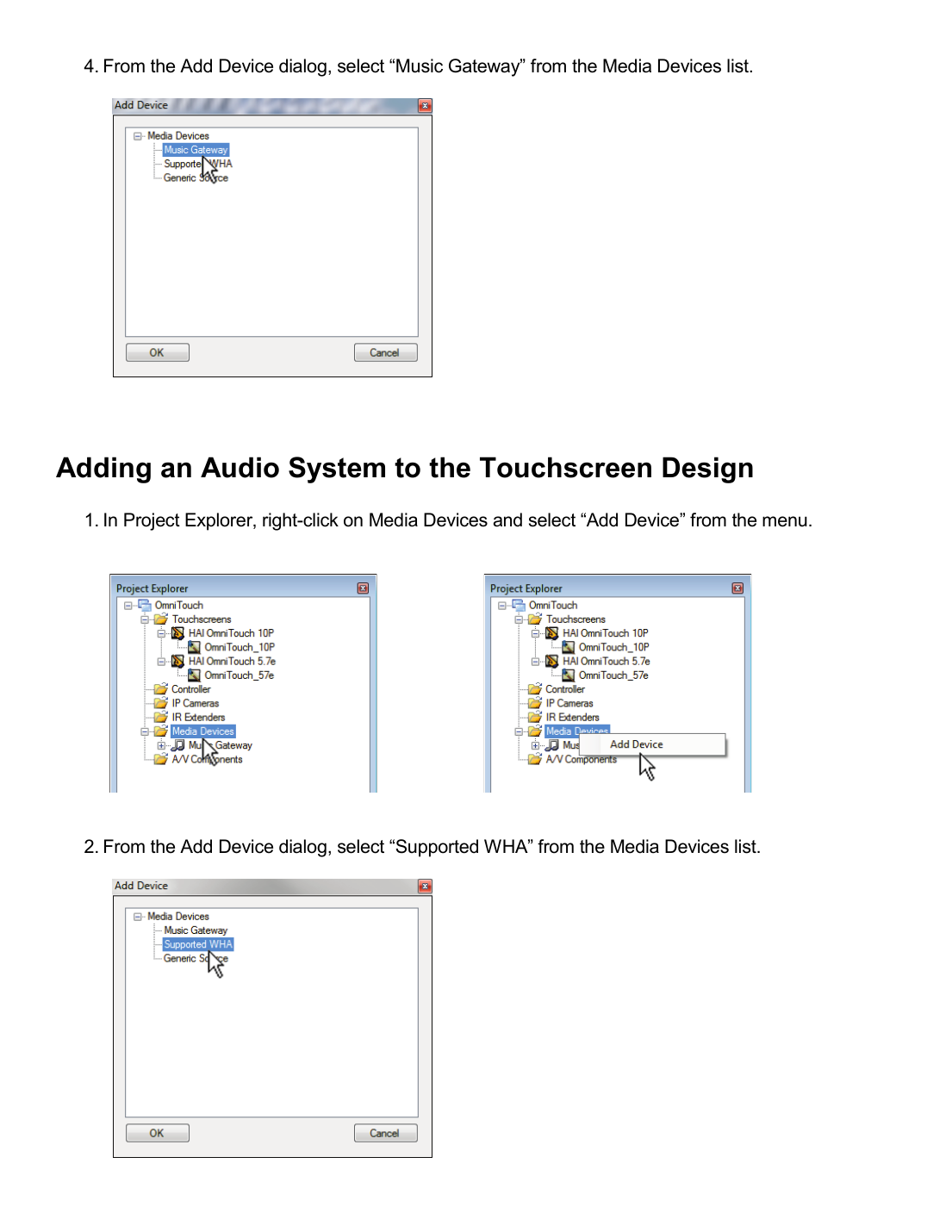 HAI Automation Studio Add Device dialog and Project Explorer device tree