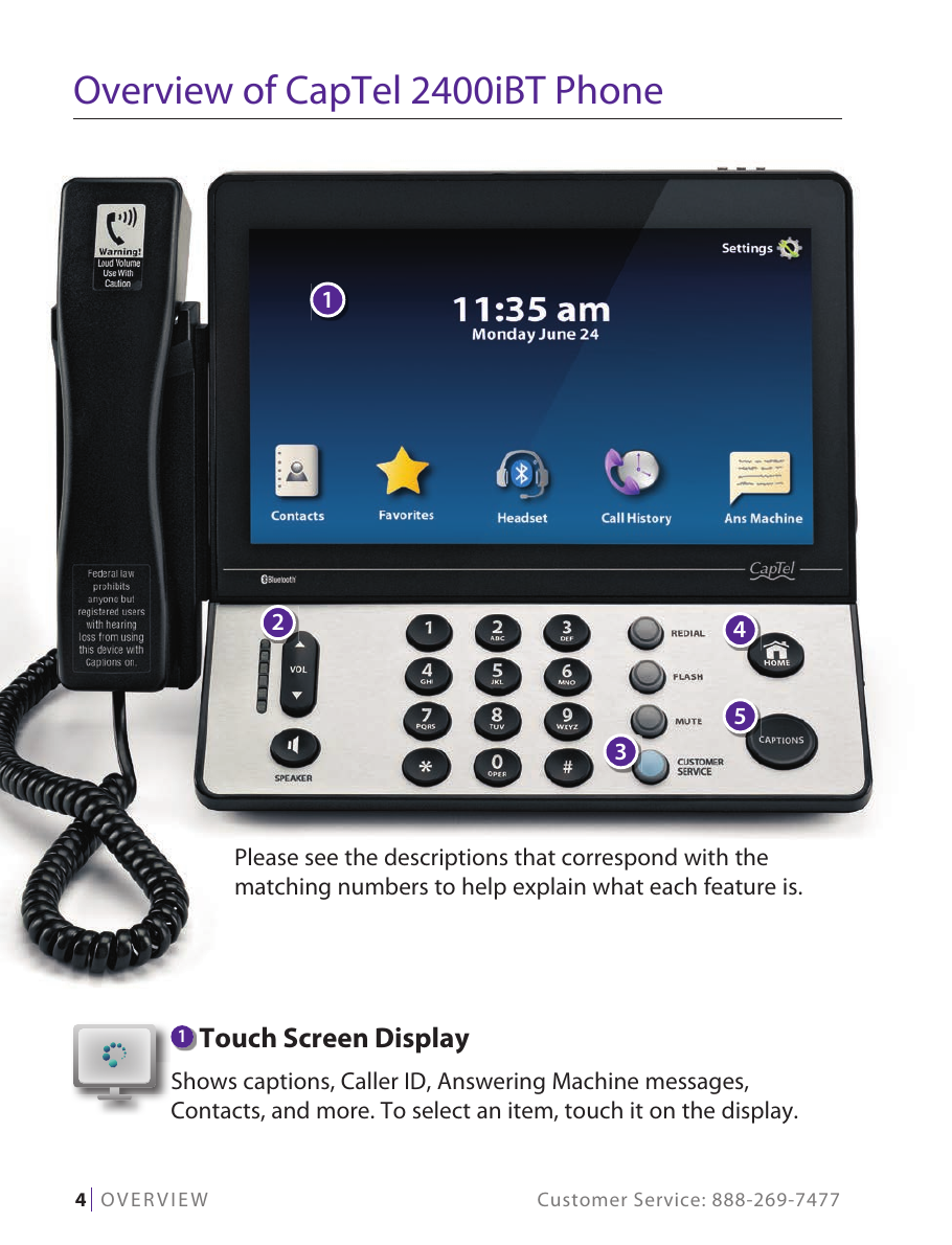 CapTel 2400iBT phone front panel with labeled features: touch screen display, volume button, customer service button, home button, captions button