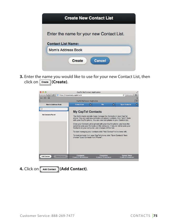 CapTel MyContact desktop application showing the Create New Contact List dialog and resulting contact list interface with an Add Contact button