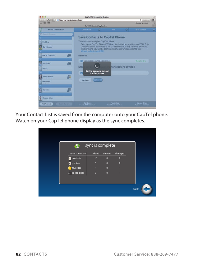 CapTel MyContact Save Contacts to Phone sync progress screen followed by a sync complete summary table showing counts of added, deleted, and changed contacts, photos, favorites, and speed dials