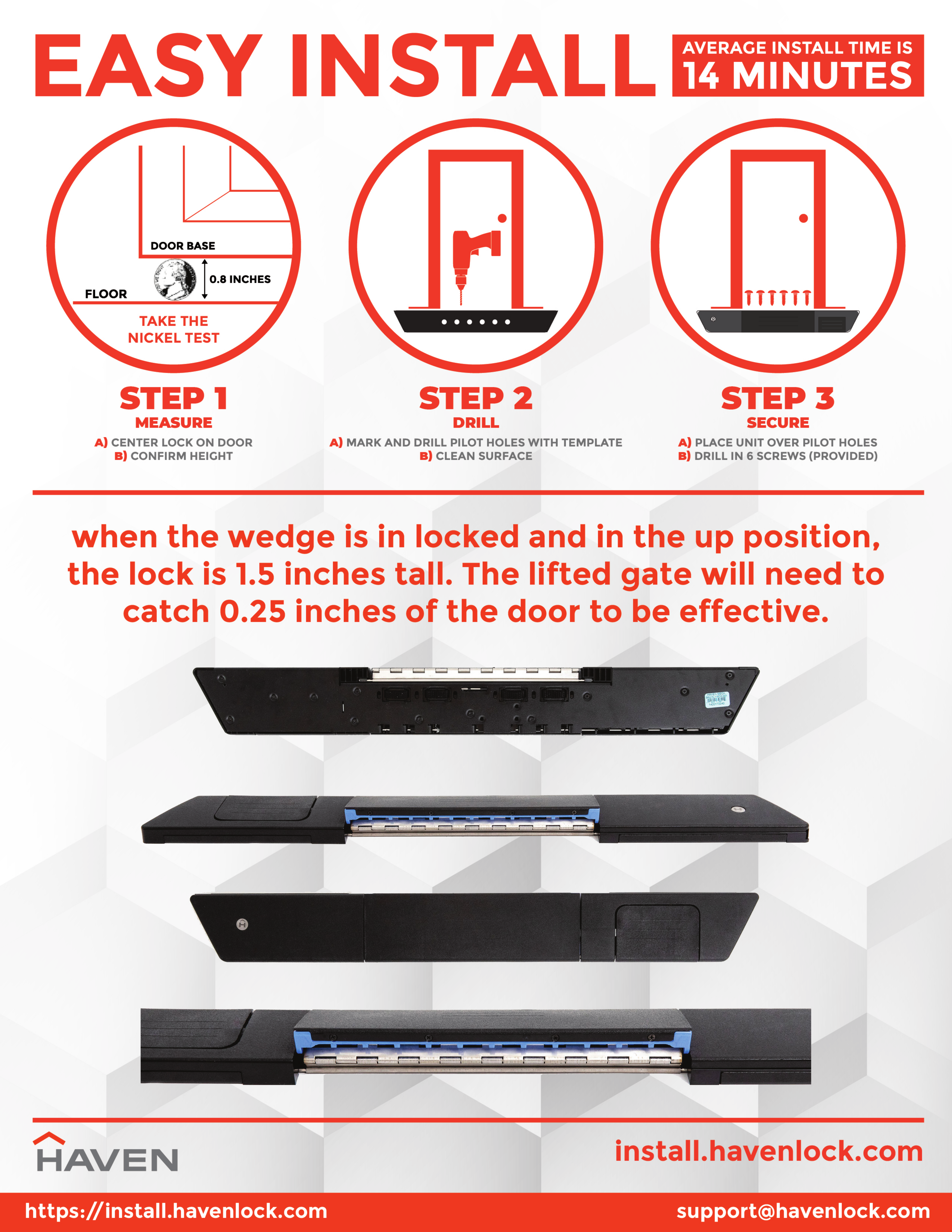 Haven Lock easy install guide — measure, drill, and secure steps with diagrams