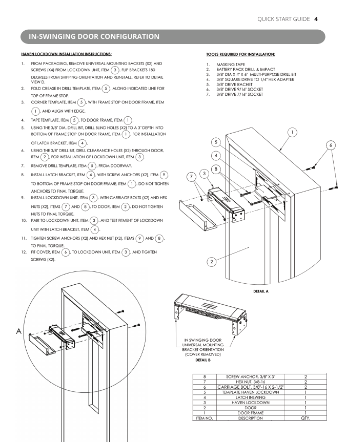 HAVEN Lockdown in-swinging door configuration installation diagram with numbered steps, parts list, tools required, and bracket placement details