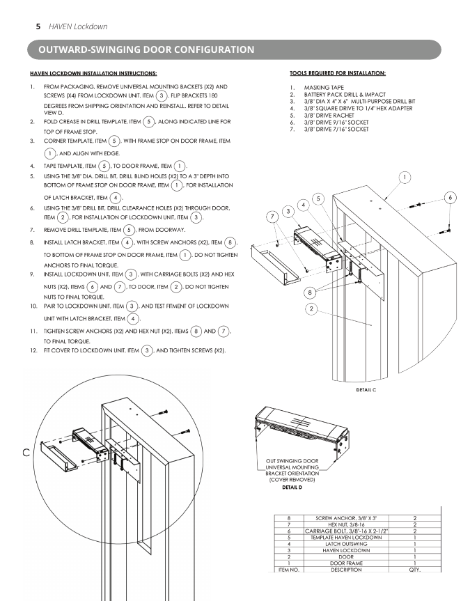 HAVEN Lockdown outward-swinging door configuration installation diagram with numbered steps, parts list, tools required, and bracket orientation details