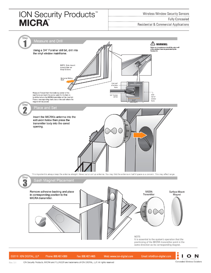 MICRA sensor installation steps: measure and drill, place and set, sash magnet placement