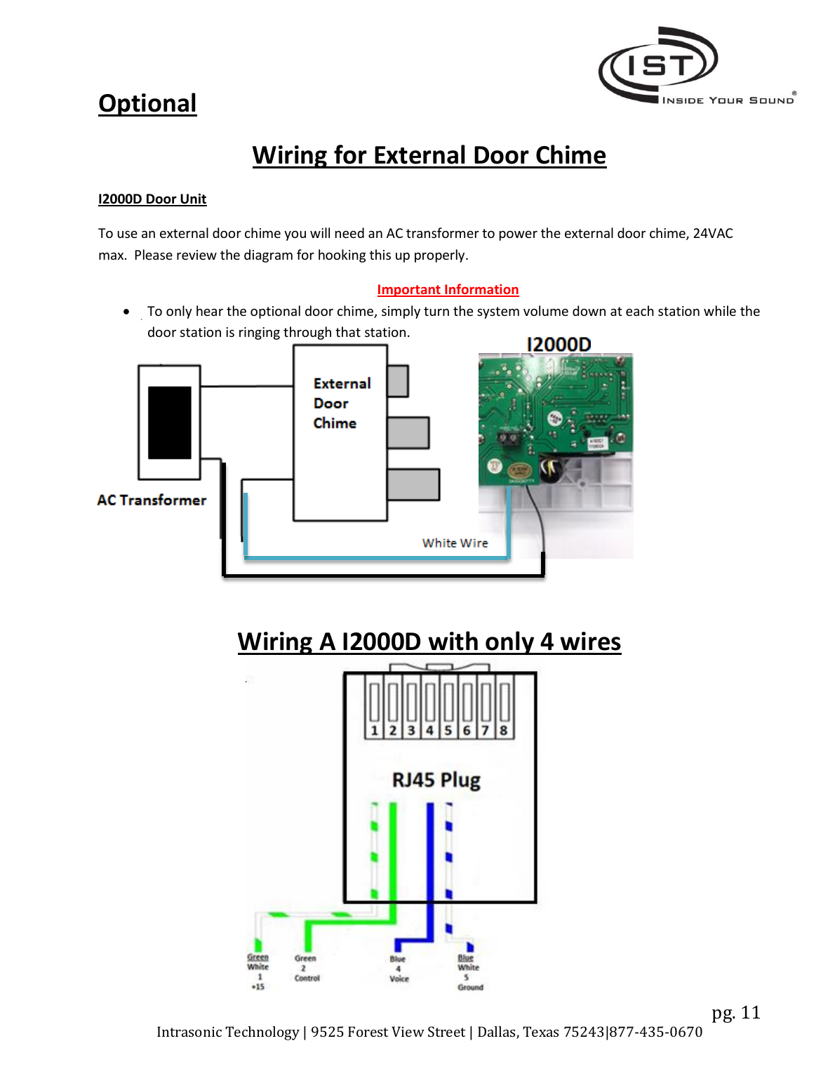 Intrasonic I2000 external door chime wiring diagram with AC transformer connections and 4-wire RJ45 pinout