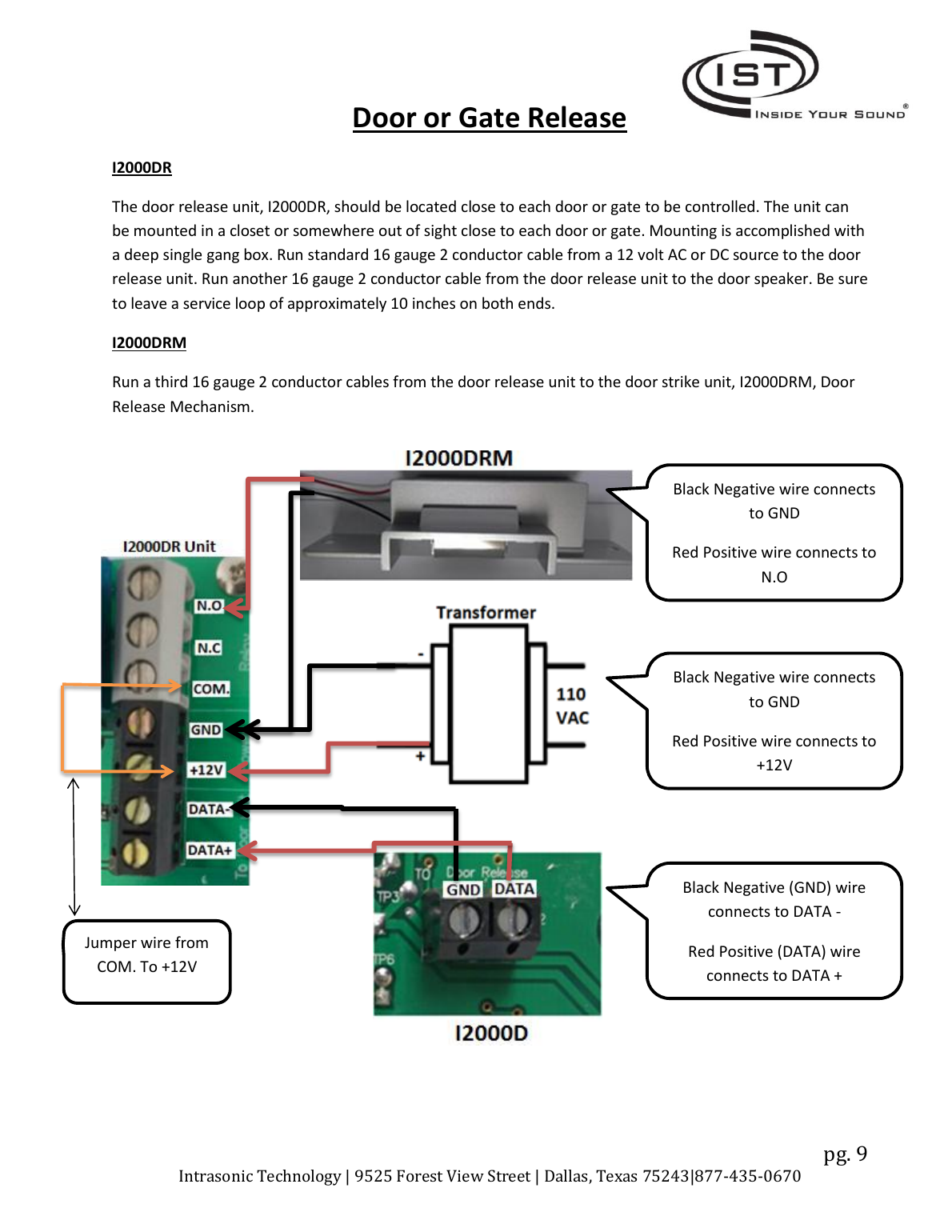 Intrasonic I2000 door and gate release wiring diagram showing I2000DR, I2000DRM, transformer, and I2000D board connections with color-coded positive and negative wiring