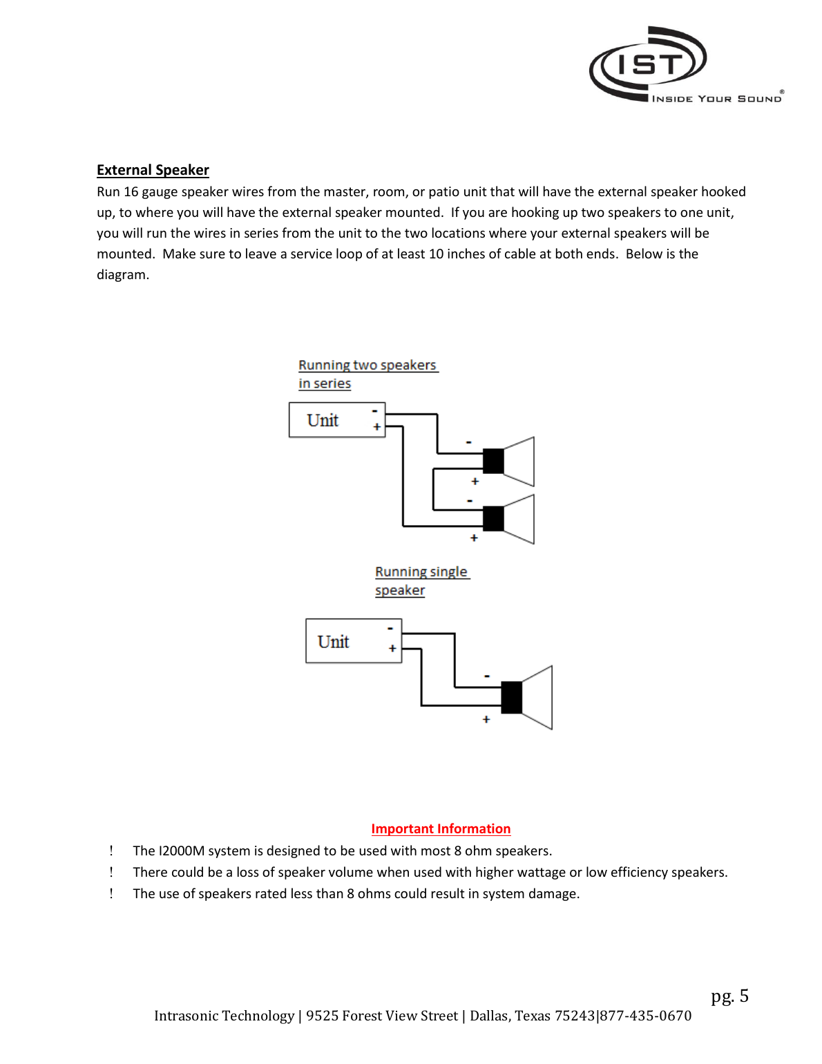Intrasonic I2000 external speaker wiring diagram showing single and series speaker connections with polarity