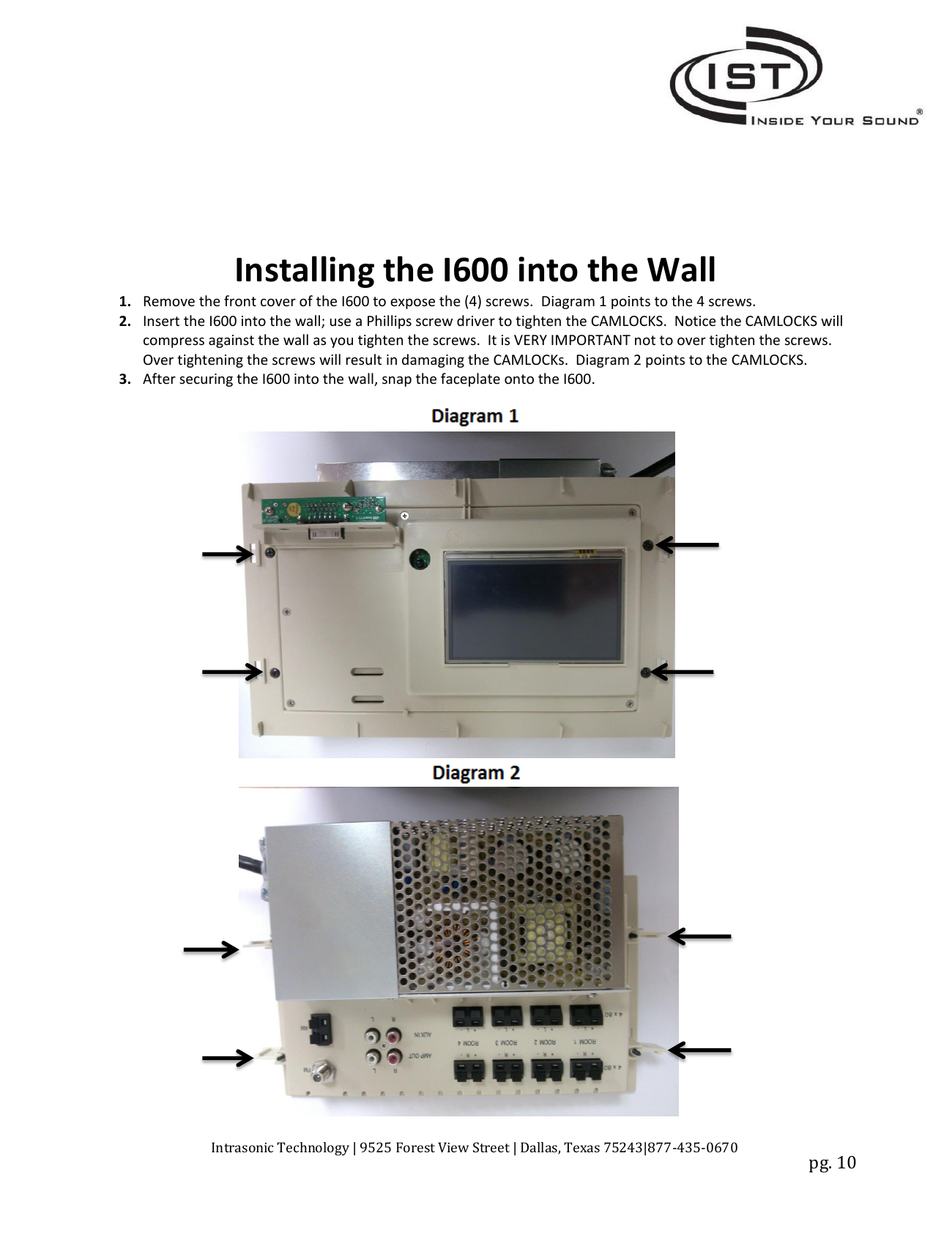 I600 front and rear views showing the 4 mounting screws and camlock locations
