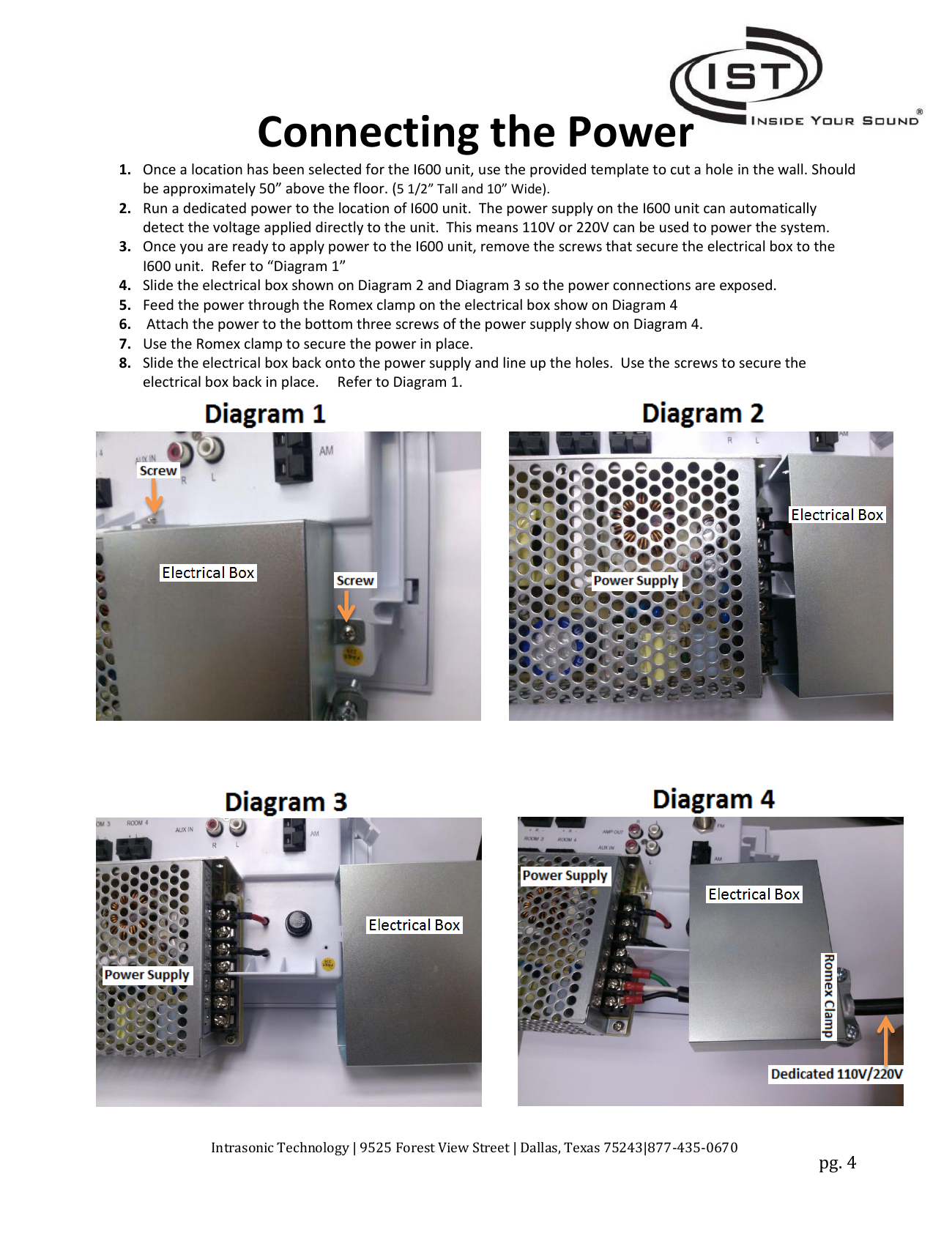 I600 power connection diagram showing electrical box screws, power supply terminals, and Romex clamp